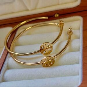 Tory Burch Gold Logo Hoop Earrings 2” Gold Plated